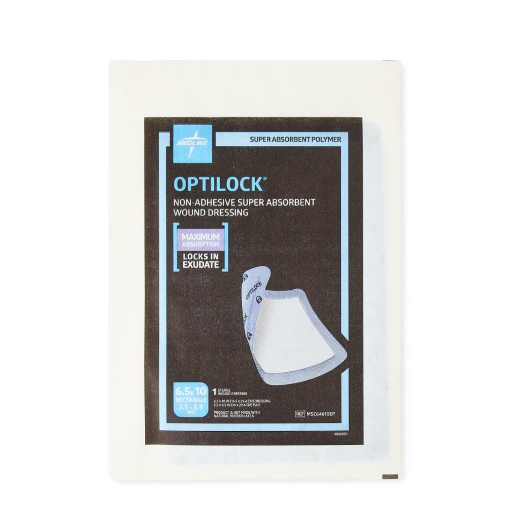 A white package of Medline OptiLock Nonadhesive Super Absorbent Wound Dressings, labeled for maximum absorbency and exudate retention. Illustrated features include a non-adherent contact layer, ideal for pressure injury dressing.